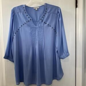 Woman Within 1X 22/24 Light Blue Embellished Pleated 3/4 Sleeve Tunic Length